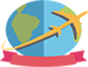 Logo depicting a globe with a yellow ish plane flying around it